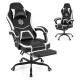 Height adjustable gaming chair in black with ergonomic design, headrest, and retractable footrest for optimal comfort.