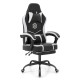 Front view of the gaming chair in black with thick padding and a stylish design, perfect for long hours of gaming.