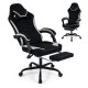 Gaming chair with adjustable height, headrest, footrest, and 360° swivel, designed for comfort during long gaming.