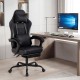 Height adjustable black gaming chair with headrest, lumbar support, and retractable footrest for ergonomic comfort.