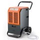 Industrial dehumidifier with orange top, designed for garages and warehouses, improving air quality and preventing rust.