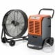 Dehumidifier and industrial drum fan bundle for climate control in large spaces, ideal for garages and workshops.