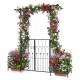Garden arbor with gate and planter boxes, showcasing two planter boxes for vibrant flowers and a double-door entrance.