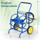 Garden hose reel cart in blue with two wheels, storage basket, and dimensions of 30" x 22" x 36" for easy maneuvering.