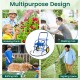 Garden hose reel cart with two wheels and storage basket, ideal for watering plants and washing cars.