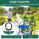 Garden hose reel cart in blue with 2 wheels, holding 230 ft of hose, featuring a storage basket for gardening tools.