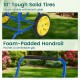 10" tough solid tires for smooth gliding and foam-padded handrail for comfortable grip on the garden hose reel cart.