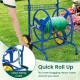 Garden hose reel cart in blue with two wheels, storage basket, and foam-padded handrail for easy maneuvering.
