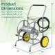 Garden hose reel cart with 2 wheels, storage basket, and 36" height, designed for easy maneuverability in gardens.