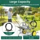 Garden hose reel cart with 2 wheels, holding up to 300 ft of hose, featuring a storage basket for tools.