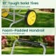 10" tough solid tires and foam-padded handrail on the garden hose reel cart for easy maneuverability and stability.