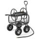 Garden hose reel cart with 4 wheels and storage basket, holds 300 ft hose, ideal for easy maneuvering in the garden.