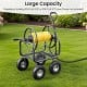 Garden hose reel cart with large capacity, holding 300 ft hose, featuring 4 wheels and a storage basket for tools.