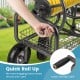 Garden hose reel cart with a labor-saving crank, featuring a storage basket and pneumatic tires for easy.