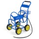 Garden hose reel cart in blue with four wheels, storage basket, and foam-padded handrail for easy maneuverability.