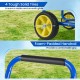 Solid tire detail and foam-padded handrail of the blue garden hose reel cart for easy maneuverability and stability.