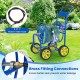 Garden hose reel cart with brass fittings, 4 wheels, and storage basket for easy maneuvering in the garden.