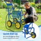 Blue garden hose reel cart with solid tires, designed for smooth movement and quick hose roll-up in your yard.