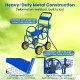 Garden hose reel cart in blue with heavy-duty metal construction, 4 wheels, and storage basket for easy gardening.