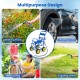 Garden hose reel cart in blue with 4 wheels and storage basket, ideal for watering plants and washing cars.