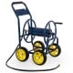 Heavy-duty blue garden hose reel cart with four wheels, brass fittings, and foam-padded handle for easy portability.
