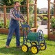 Heavy-duty metal garden hose reel cart with four wheels, featuring a labor-saving handle for easy maneuverability.