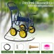 Heavy-duty blue garden hose reel cart with four wheels, designed for easy storage and access to hoses in the garden.