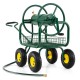 Garden hose reel cart with large capacity, 4 wheels, and storage basket for easy maneuvering in the garden.
