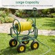 Garden hose reel cart with large capacity, holding 300 ft hose, features 4 wheels and a storage basket for tools.
