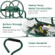 Garden hose reel cart with heavy-duty metal construction, foam handrail, and bottom storage basket for tools.