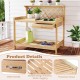 Wooden garden potting bench with lattice trellis, spacious countertop, slatted lower shelf, and slide-out drawer for.