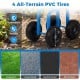 Close-up of 7" all-terrain PVC tires on a garden rolling workseat, designed for durability and easy movement on various.