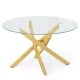 Round glass coffee table with a geometric gold metal frame, featuring a tempered glass top for modern aesthetics.