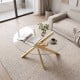 Round glass coffee table with a tempered glass top and geometric golden metal frame, perfect for modern living spaces.
