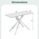 Modern glass console table with a clear tempered glass top and chromed tubular legs, showcasing dimensions of.