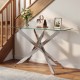 Modern glass console table with a clear tempered glass top and chromed metal legs, perfect for entryway display.