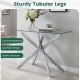 Modern glass console table with a clear tempered glass top and sturdy chromed tubular legs for stylish entryway decor.
