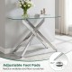 Modern glass console table with a clear tempered glass top and chromed legs, featuring adjustable foot pads for.