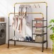 Rolling double rods garment rack with adjustable bars, black and gold design, ideal for laundry or bedroom storage.