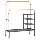 Rolling garment rack with adjustable golden rods, four shelves, and lockable wheels for versatile clothing storage.