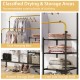Rolling garment rack with dual hanging bars, adjustable height, and multiple storage shelves for versatile clothing.