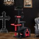 Gothic cat tree with black and red design, featuring a top perch, condo, and interactive toys for playful cats.