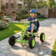 Kids' green go-kart with adjustable seat and steering handlebars, designed for safety and fun on various terrains.
