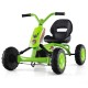 Green go-kart for kids with adjustable seat, anti-slip pedals, and sturdy metal frame for safe outdoor fun.