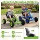 Kids riding green go-karts with adjustable seats, promoting balance and independence on a safe, sturdy design.