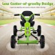 Green go-kart for kids with adjustable seat, low center-of-gravity design, and anti-slip foot pedals for safety.