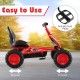Go-kart for kids in red with adjustable seat, anti-slip foot pedals, and sturdy metal frame for safe outdoor fun.