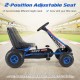 Go-kart for kids with a blue frame, featuring a 2-position adjustable seat and multi-terrain wheels for safe driving.
