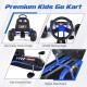 Kids go kart with adjustable seat, robust metal frame, and multi-terrain wheels for safe indoor and outdoor fun.