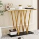 Gold entryway table with faux marble top and metal frame, perfect for narrow spaces and displaying decorations.